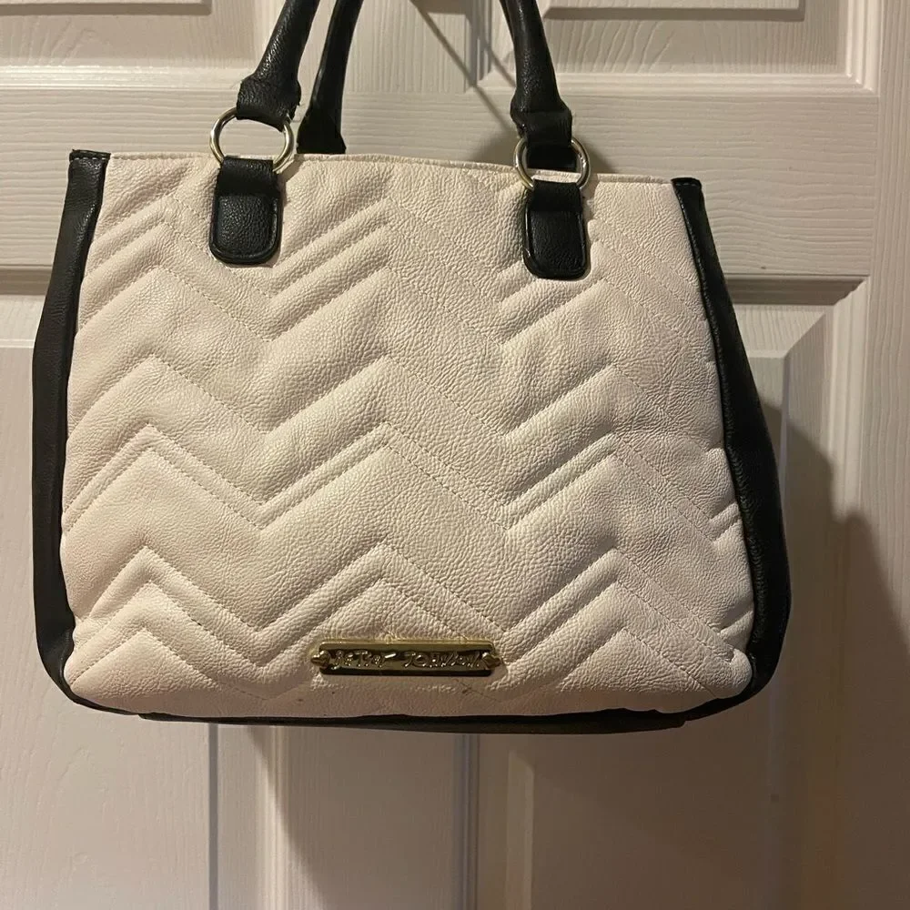 Betsey Johnson off white & Black quilted faux leather satchel with bow accent